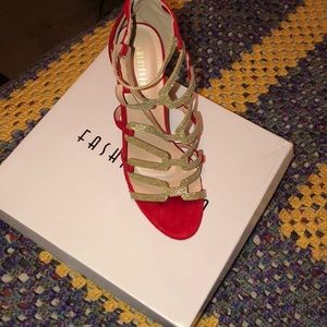 Red and gold printed shoe